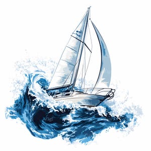 48 JPEG Clipart di barche a vela - Onde dell'oceano e arte di barche a vela - Download digitale di avventure nautiche JPG