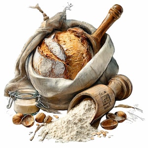 May include: A rustic image of freshly baked bread in a linen sack, accompanied by a wooden scoop overflowing with flour, a jar of starter, and walnuts. The bread has a golden crust. A wooden spoon rests in the sack.
