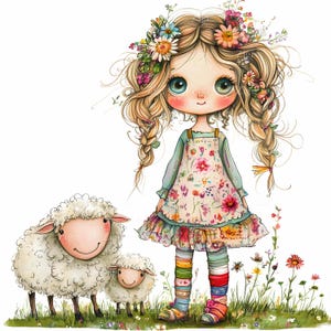 16 Clipart JPG fille et agneaux JPEG - Illustration florale de pays - ferme mignonne en téléchargement numérique