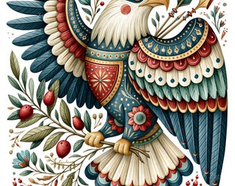 11 Folk Art Eagle Png, Patterned Wings Arrow Ornate Feathers Botanical Berry Vintage Art