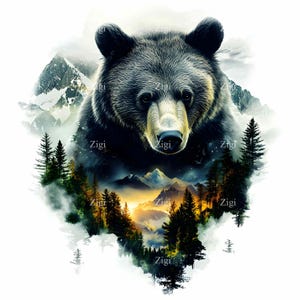 17 imágenes prediseñadas JPEG de Bear Forest Mountain, majestuoso oso grizzly con pinos al atardecer y picos alpinos, impresión artística de vida silvestre