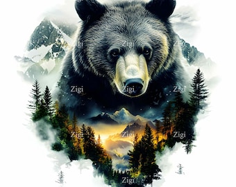 17 JPG Mountain Bear Double Exposure, Forest Wildlife Clipart