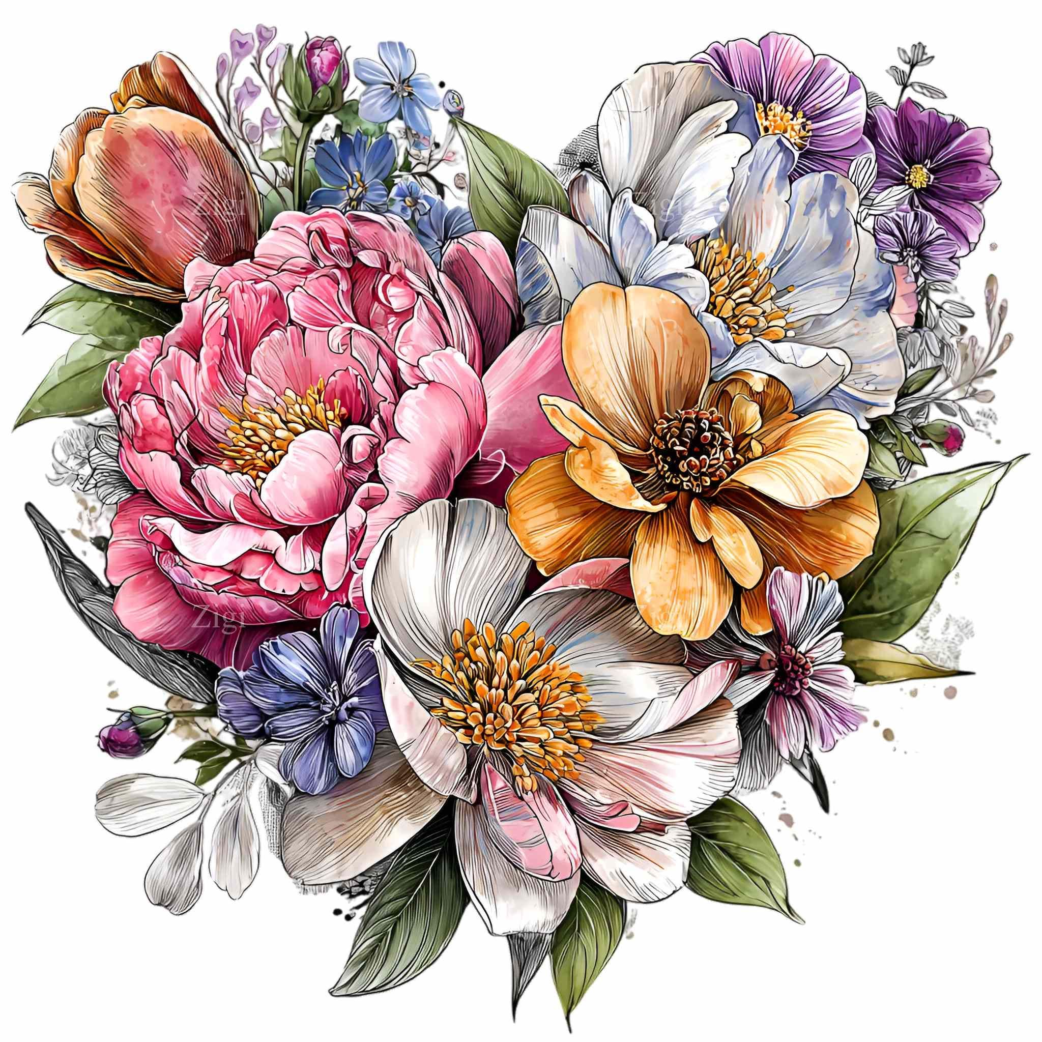 15 PNG Floral Heart Clipart – Watercolor Flower PNG – Digital Download ...