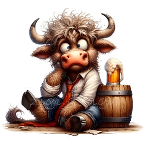 Toro carino con birra Clipart 15 PNG - Adorabile mucca in cravatta seduta da Beer Barrel per progetti di arte digitale e artigianato