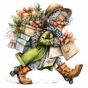 15 PNG Gift haul – Christmas grandma PNG clipart – Funny holiday woman with presents for cards, crafts, stickers, sublimation designs
