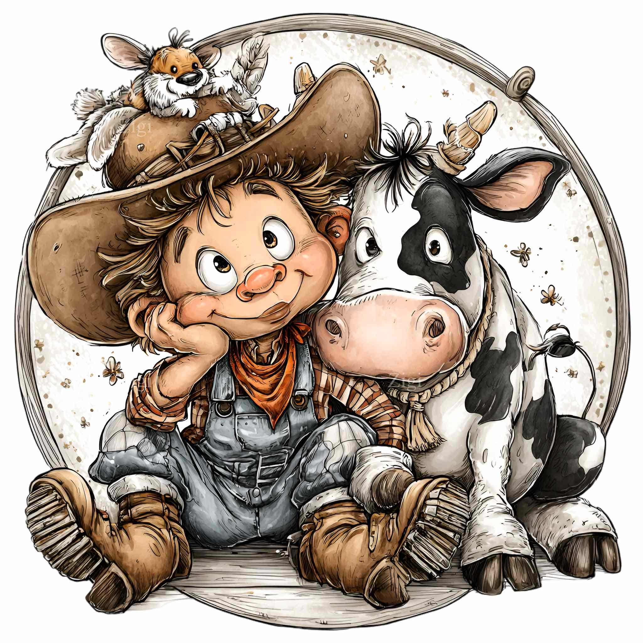 10 PNG Western Farm Clipart – Cowboy Boy Riding Cow PNG – Kids Nursery ...