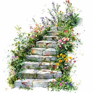 24 imágenes prediseñadas de escaleras de jardín (JPG): escalones de piedra con flores silvestres y vegetación, ilustración de un camino floral encantado