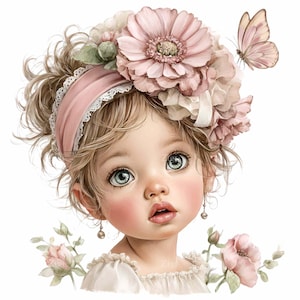Puede incluir: Ilustración digital de una niña con cabello rubio y ojos azul verdosos. La niña lleva un tocado floral rosa y una diadema a juego con ribete de encaje. Una mariposa rosa revolotea cerca. La niña tiene mejillas rosadas y viste un vestido blanco.