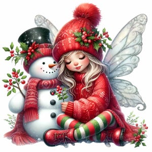 9 Clipart PNG de fée de Noël - fille de fée d'hiver étreignant un bonhomme de neige avec du houx et des ailes - art de sublimation de vacances pour cartes et travaux manuels