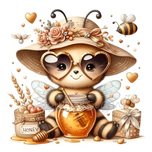 15 api carine con miele PNG Clipart - Vaso di miele, occhiali a forma di cuore e cappello floreale - Adorabile ape per artigianato e decorazioni