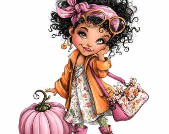 28 JPG Fall Girl Pink Pumpkin Halloween Clipart