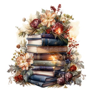 May include: A stack of vintage books with worn leather covers, surrounded by a bouquet of autumnal flowers, including red roses, white blossoms, and berries. The flowers are arranged around the books, creating a whimsical and romantic scene.