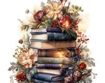 10 PNG Vintage flowers – Book stack PNG – Fall decor clipart for readers, journaling, scrapbooking, sublimation projects