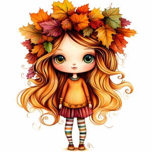 16 JPEG fille automne Clipart feuilles d'automne couronne mignon grands yeux personnage JPG Illustration pour sublimation Thanksgiving art imprimable
