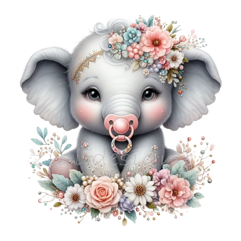 May include: A cute baby elephant with gray ears and a pink pacifier sits on a bed of pink, white, and blue flowers. The elephant is wearing a gold headband with jewels and a white lace dress.
