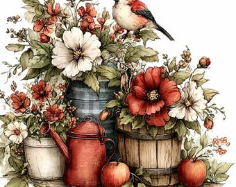 15 PNG Farmhouse Floral Clipart – Rustic Watercolor Bird and Flowers PNG for Kitchen Wall Art, Stickers, Sublimation, Crafts
