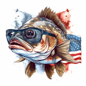 25 JPEG Cool Bass Fish-clipart met zonnebril en Amerikaanse vlag, grappige patriottische visserijkunst, JPEG voor T-shirts en prints
