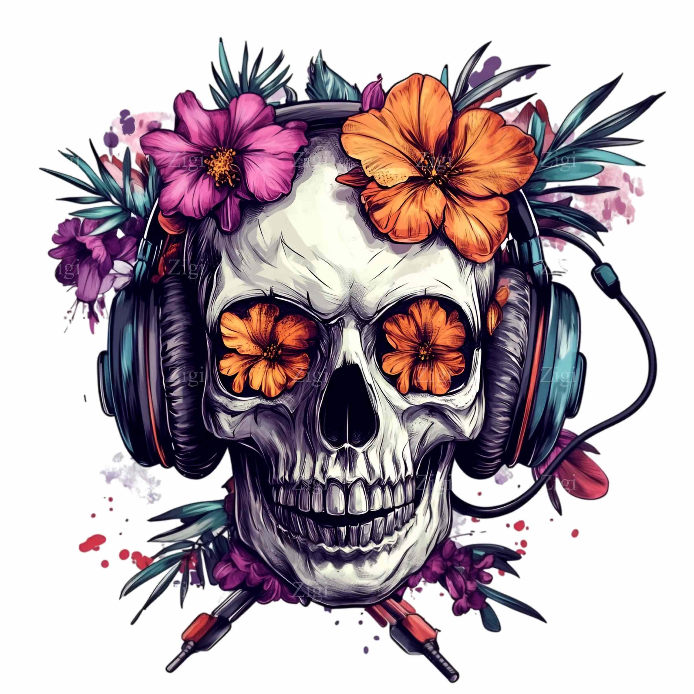 15 PNG Floral Skull Headphones Clipart, Gamer Girl Music Skeleton