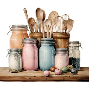 15 PNG Rustic Kitchen Cooking Utensils Clipart, Pantry Jars Art Graphic ...