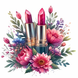 14 PNG Clipart di rossetto floreale – Pacchetto PNG di trucco – Arte di bellezza per stampe di moda e scrapbooking digitale a tema glamour
