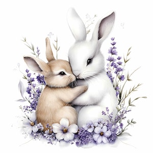 24 imágenes prediseñadas de abrazo de conejito lindo en formato JPEG, conejos blancos y marrones con flores en formato JPG, descarga digital de animales del bosque