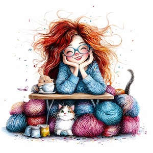 24 JPEG Happy Knitting Girl Clipart, Redhead with Yarn and Cats JPEG, Colorful Craft Room Illustration, Hobby Art Download, Digital Image