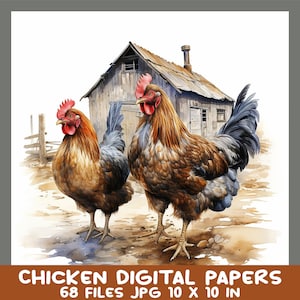 Papiers numériques poulet, fichiers Clipart ferme 68 JPG, Art rustique poule et coq, téléchargement 10 x 10 JPG