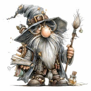 May include: Watercolor illustration of a wizard gnome with a long white beard, wearing a gray hat, coat, and round glasses. He holds a book and a broom, with a small bottle on the ground. The gnome has a large nose and is wearing brown boots.