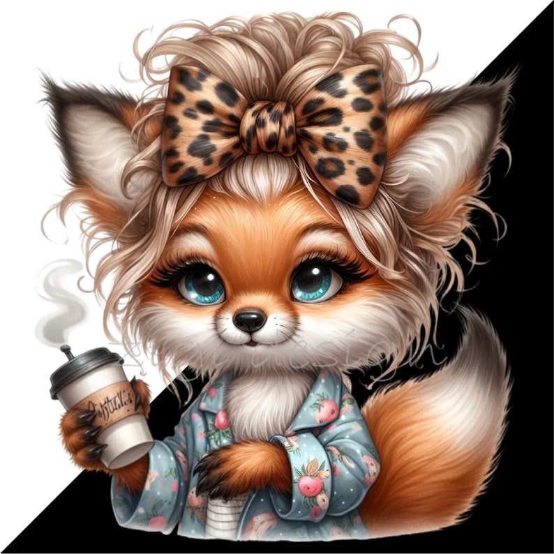 Puede incluir: Un zorro de dibujos animados con pelo rubio que lleva una camisa de estampado azul y blanco y un lazo de estampado de leopardo. El zorro sostiene una taza de caf&eacute; para llevar con la palabra "Coffee" escrita en ella.