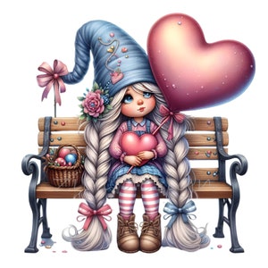 12 Valentine Gnome Girl PNG Clipart - Cute Girl with Heart Balloon, Braids, and Basket - Love Sublimation Art for Kids & Cards