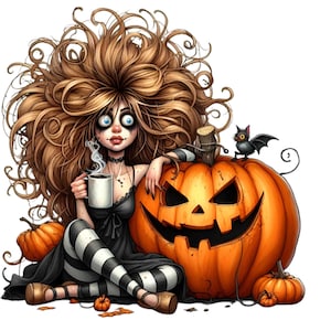 10 Clipart PNG di ragazza spettrale di Halloween, amante del caffè strega con capelli arruffati e zucca, arte autunnale gotica, illustrazione carina e inquietante