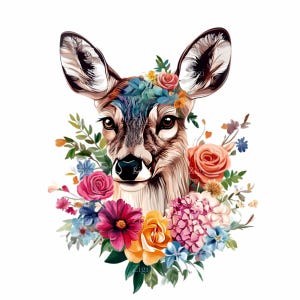 Könnte beinhalten: Eine Aquarell-Illustration eines Hirschkopfes mit einer Blumenkrone. Die Krone besteht aus rosa, roten, orangefarbenen, gelben, blauen und violetten Blumen. Das Fell des Hirsches ist braun und seine Augen sind braun.
