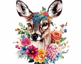 12 PNG Floral Deer Clipart, Woodland Fawn Watercolor Flower Sublimation