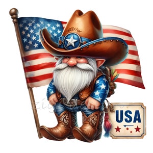 12 nain de cow-boy patriotique PNG - nain de l'Ouest américain avec drapeau américain, étoiles et bottes - clipart en téléchargement numérique