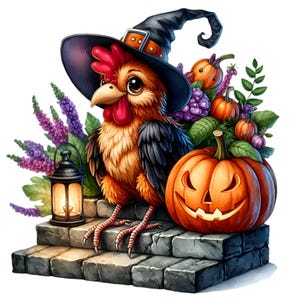 14 Clipart PNG di gallo di Halloween - Pollo con cappello da strega con zucca e lanterna - Sublimazione di animali da fattoria per decorazioni autunnali e spettrali