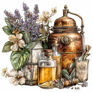 Puede incluir: Ilustración de un alambique de cobre con botellas de vidrio, lavanda y flores blancas. Las botellas contienen un líquido dorado, y el alambique tiene una estética vintage. La disposición sugiere un tema de aromaterapia o remedios herbales.