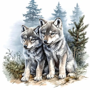 28 Clipart di cuccioli di lupo in formato JPEG, Clipart di cuccioli di lupo nel bosco in formato JPEG, Illustrazioni di animali selvatici, Download di immagini di animali selvatici, Immagini digitali di lupi