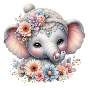 May include: A cute baby elephant wearing a white lace hat with a pink pom-pom and a floral crown. The elephant has large, expressive eyes and a pink nose ring. The elephant is surrounded by a bouquet of pink, blue, and white flowers.