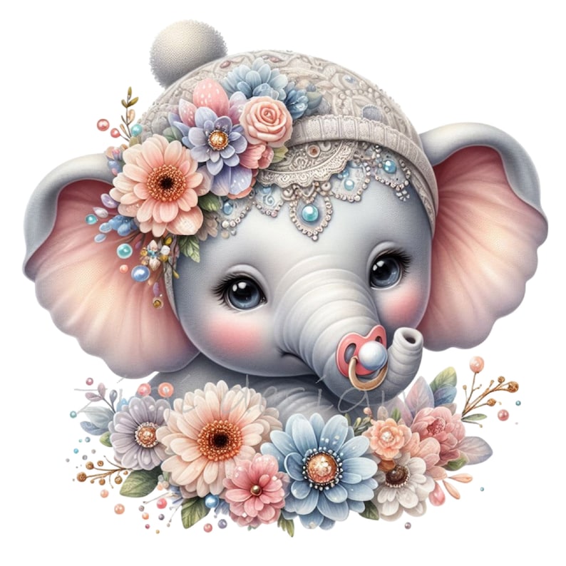 May include: A cute baby elephant wearing a white lace hat with a pink pom-pom and a floral crown. The elephant has large, expressive eyes and a pink nose ring. The elephant is surrounded by a bouquet of pink, blue, and white flowers.