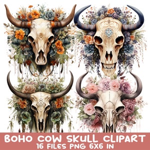 16 PNG Floral Cow Skull PNG – Watercolor Bull Skull Clipart – Western Skull Art for Sublimation, Shirts, Decor, DIY Crafts