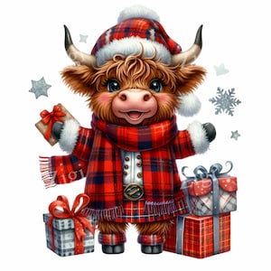 15 png-geruite kerstkoe – clipart van hooglanders – schattige winter-png voor kerstkaarten, geschenken, shirts, bekers en knutselwerkjes