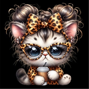 Puede incluir: Una ilustraci&oacute;n de dibujos animados de un gato blanco con rayas negras que lleva una diadema de estampado de leopardo y gafas, sosteniendo una taza de caf&eacute;. El gato tiene grandes ojos azules y una expresi&oacute;n linda.
