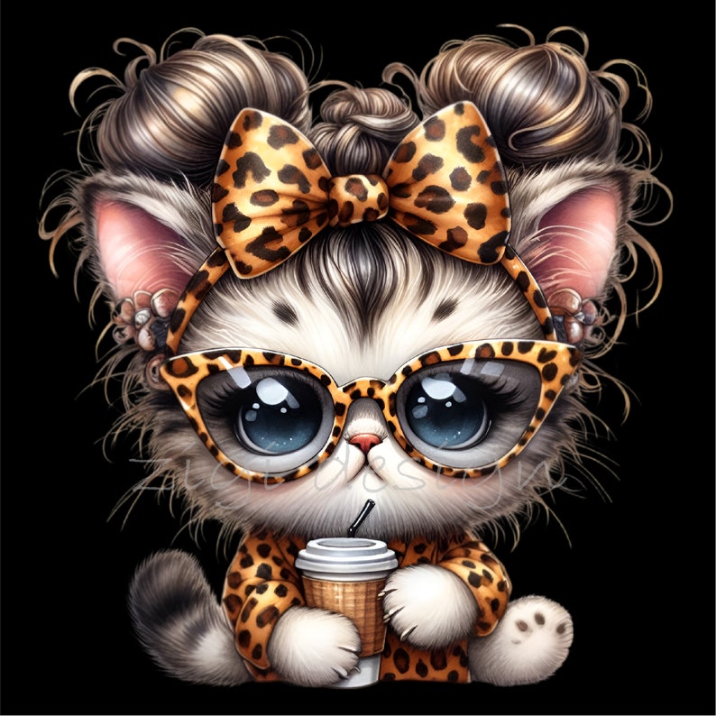 Puede incluir: Una ilustraci&oacute;n de dibujos animados de un gato blanco con rayas negras que lleva una diadema de estampado de leopardo y gafas, sosteniendo una taza de caf&eacute;. El gato tiene grandes ojos azules y una expresi&oacute;n linda.