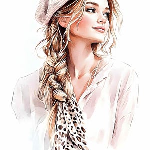 32 JPEG シックな女の子のクリップアート JPG、ピンクのベレー帽、三つ編み、ヒョウ柄のスカーフをつけたファッションポートレート、デジタルイラストのダウンロード