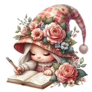 12 Carina Ragazza Gnomo PNG Clipart Scrivere nel Diario, Indossare Cappello Floreale con Rose – Leggere e Scrivere Arte Digitale