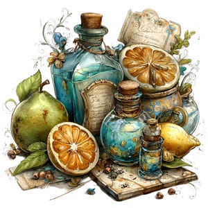Op de afbeelding: Een artistieke illustratie met vintage glazen flessen met kurken, gevuld met blauwe vloeistof. Gesneden sinaasappels en een groene peer zijn gerangschikt met botanische elementen. De afbeelding heeft een aquarel stijl en een witte achtergrond.