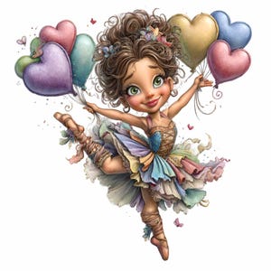 May include: A whimsical illustration of a young ballerina with brown curly hair and green eyes, holding heart-shaped balloons in various pastel colors. She wears a colorful tutu and ballet shoes, with butterflies fluttering around her.