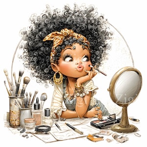 14 JPEG Afro hair girl – Makeup table JPG clipart – Cute cartoon character for vanity decor, planner pages, salon art, beauty stickers