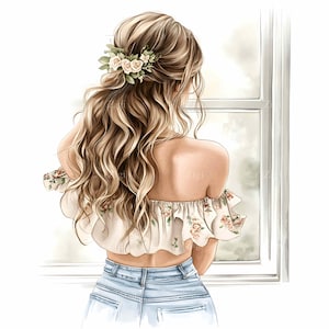 24 imágenes prediseñadas de chica rubia (JPEG), vista posterior con cabello largo y ondulado (JPEG), ilustración de mujer con top floral, descarga de arte estético femenino, imagen digital