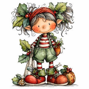 May include: A whimsical illustration of a Christmas elf with holly accents. The elf wears a red and white striped shirt, green overalls, and red shoes. The elf is holding a wooden sign and a small bag, with a festive, seasonal theme.